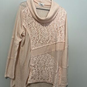 Cowl Neck Lace Sweater in Soft Pink size 1x